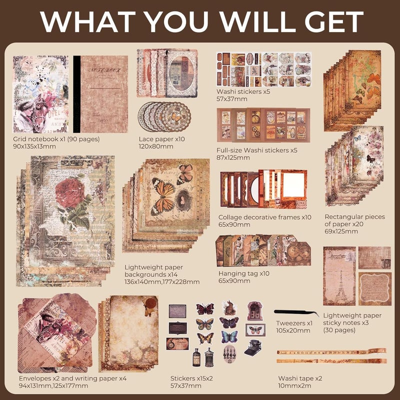 Funto Scrapbooking Kit (202 PCS), Vintage Collection-Wisteria & Butterfly, Perfect for Bullet Scrapbooking Materials, Planner DIY Arts Craft Collage - Image 2